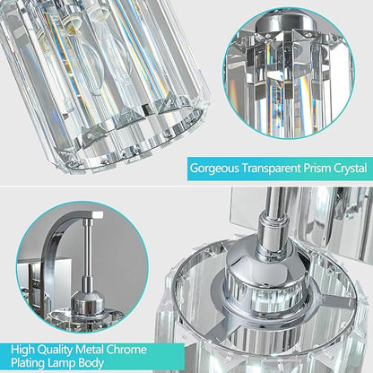Wall Sconces, Set of 2 Chrome Crystal Vanity Lights, Modern Wall Lamp for Bathroom, Hallway, and Makeup, Easy Installation