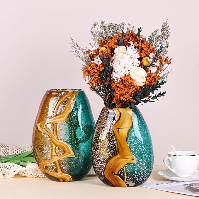 Teal Glass Vase,Hand Blown Green Flower Bulk,Murano Glass Vases,Unique Table Decor, Flowers with Decorative,Teal Vase Decor,for Bookshelf,Living Room,Office,Gift (M)