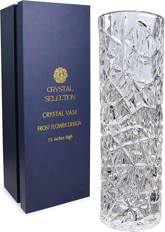 CS Crystal Vase 15-inch high, Frost Flower Design, for Flowers & Decor. Lovely Nice Shiny Piece. Perfect as a Gift, Suitable for All Occasions.