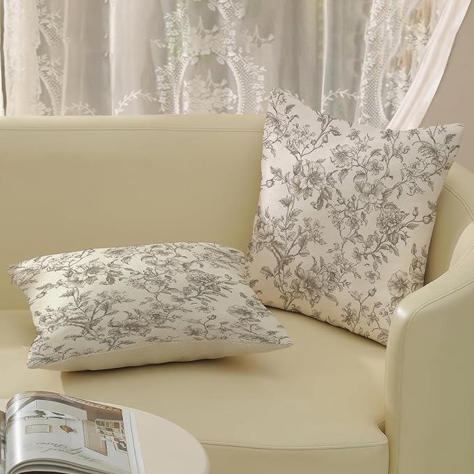 Tan Khaki Pillow Covers 18x18 Set of 2 Vintage Floral Chinoiserie Throw Pillows Rustic Toile Flower Decorative Pillowcase Outdoor Chinoiserie Decor Farmhouse Linen Cushion Case for Couch Sofa