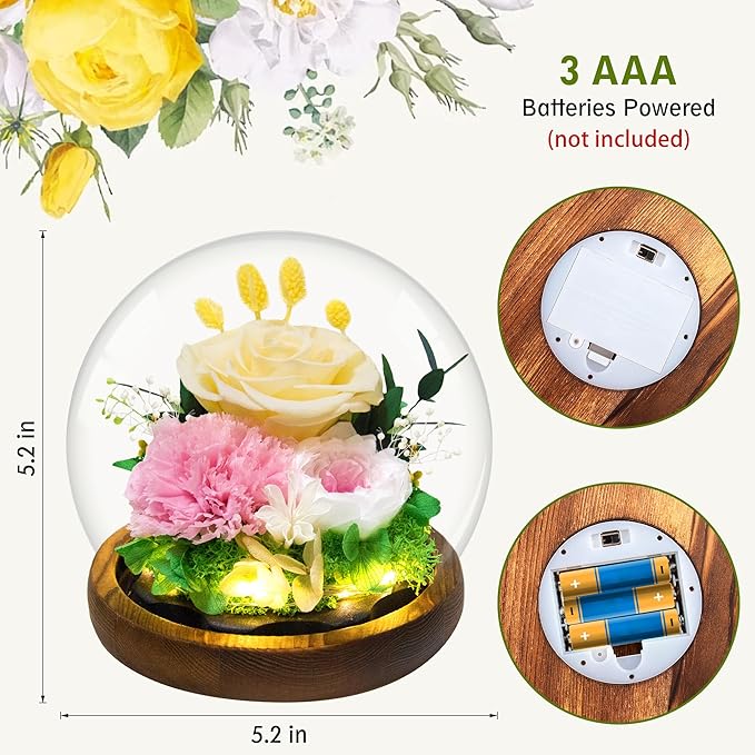 Yellow Rose Valentines Day Gifts for Her Gifts for Womens Mothers Day Gifts for Mom Grandma - Preserved Real Rose in Glass Dome with LED Strip, Forever Flowers for Delivery on Birthday