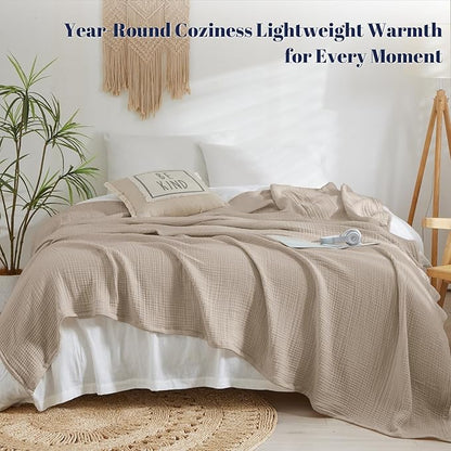 PHF 100% Cotton Muslin Blanket Queen Size 90"x90", 4-Layer Lightweight Gauze Throw, Breathable Cloud-Soft Minimalist Blanket for Bed, Couch, Camping & Baby, Taupe, Ideal Gift