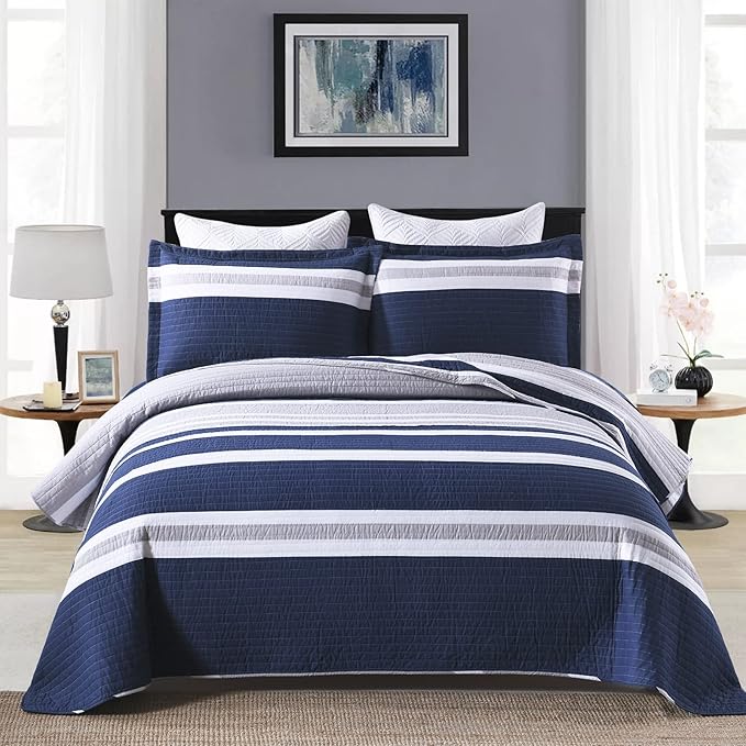 Quilts Queen Size - Queen Quilt Bedspread Sets, 100% Cotton Quilt Bedding Set for Queen Bed, 3 Pieces Striped Reversible Lightweight Quilted Quilt Set Bed Spread, Navy Blue