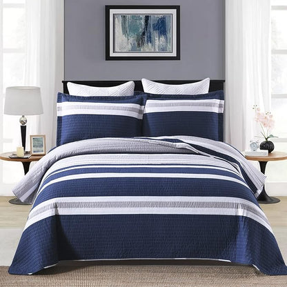 Quilts Queen Size - Queen Quilt Bedspread Sets, 100% Cotton Quilt Bedding Set for Queen Bed, 3 Pieces Striped Reversible Lightweight Quilted Quilt Set Bed Spread, Navy Blue