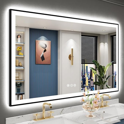 60x36 Inch Black Framed LED Bathroom Mirror with Lights, Backlit & Front Lit, Anti-Fog Lighted Vanity Mirrors for Bathroom Wall, Dimmable, 3-Color Light, Memory, Shatter-Proof, Tempered Glass