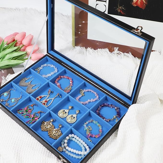 Stratalife Jewelry Organizer Bracelet Earring Holder Organizer Jewelry Drawer Storage Anti Tarnish Bangle Ring Holder Box for Women 12 Grid (Blue Black)