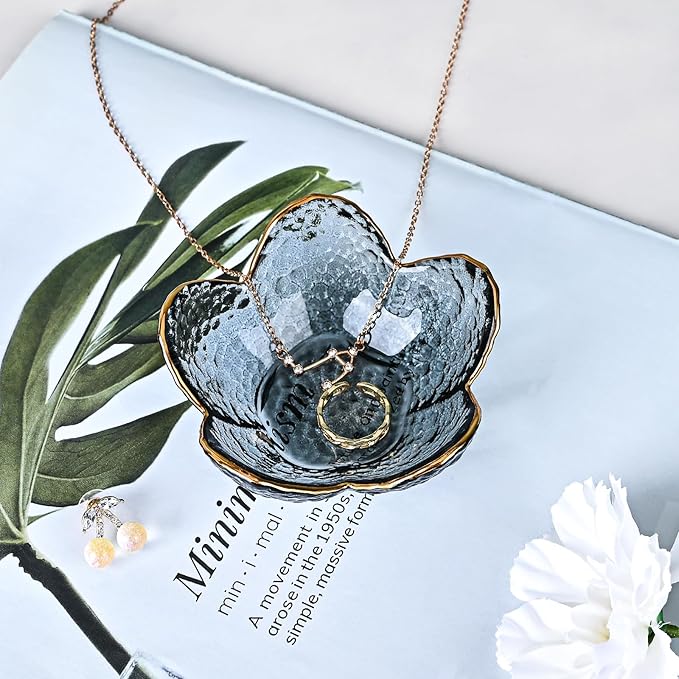 Koythin 2-Piece Glass Jewelry Tray, Small Trinket Holder for Necklace Bracelet Earring, Ring Holder for Bathroom, Aesthetic Trinket Dish, Flower Nightstand Decor for Girl Mom Women (Grey)