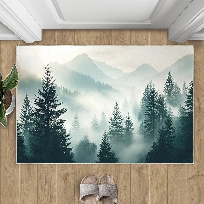 Misty Forest 3x5 Area Rug Natural Landscape Washable Rugs for Living Room Bedroom, Green Woods Soft Low Pile Non Slip Accent Floor Mat Print Throw Rug Indoor Carpet Dining Room Playroom