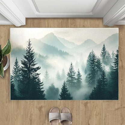 Misty Forest 3x5 Area Rug Natural Landscape Washable Rugs for Living Room Bedroom, Green Woods Soft Low Pile Non Slip Accent Floor Mat Print Throw Rug Indoor Carpet Dining Room Playroom
