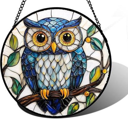 DASTOLL Stained Glass Window Hanging, Owl Gifts for Women Sun Catchers Diamond Glass Panel Hangings Birds Suncatcher Decor for Birthday for Women, Men, Wife, Aunt, and Mom 6.3 in