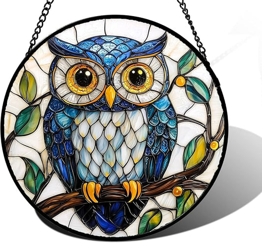 DASTOLL Stained Glass Window Hanging, Owl Gifts for Women Sun Catchers Diamond Glass Panel Hangings Birds Suncatcher Decor for Birthday for Women, Men, Wife, Aunt, and Mom 6.3 in