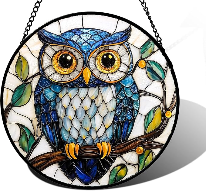 DASTOLL Stained Glass Window Hanging, Owl Gifts for Women Sun Catchers Diamond Glass Panel Hangings Birds Suncatcher Decor for Birthday for Women, Men, Wife, Aunt, and Mom 11.8x11.8 in