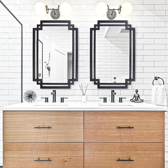 28" x 40" Black Wall Mirror for Decor, Large Bathroom Mirror with Geometric Metal Frame, Modern Rectangular Mirror for Entryway, Dining Room, Fireplace