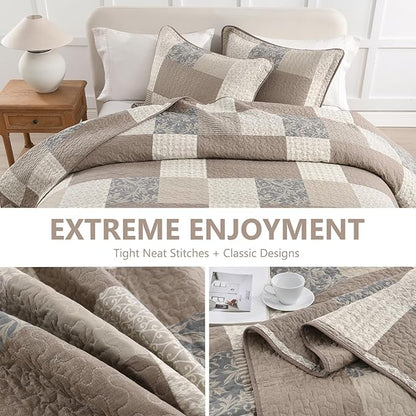 100% Cotton Quilt Set King Size - Plaid Quilted Comforter, Patchwork Botanical King Quilt Bedspread, Modern Farmhouse Lightweight Bedding for King Bed, 3pcs, Brown/Beige/Khaki