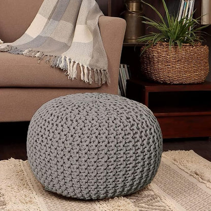 REDEARTH · Round Pouf Ottoman - Hand Knitted Cable Boho Poof Home Décor Pouffe Circular Footrest for Living Room - Nursery - Bedroom - Lounge 100% Cotton (19.5”x19.5”x14”) - Gray, Set of 2