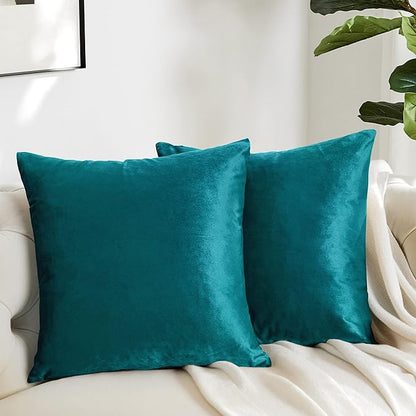 GIGIZAZA Decorative Couch Throw Pillow Covers,Set of 2 Teal Peacock Green Square Pillow Cushion Covers 22x22,Pillow Cases Velvet Pillow Covers