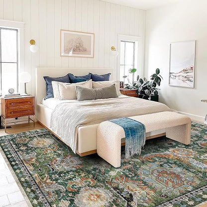 RUGSURE Washable Area Rugs - Perfect for Living Room, Bedroom, Kids Room, Nursery - Stain & Water Resistant Non-Slip, Pet & Child Friendly, Vintage Tribal Area Rugs (Green, 8' x 10')
