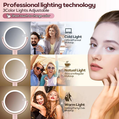Makeup Mirror with Lights, 30X Magnifying & Height Adjustable, Lighted Magnifying Mirror with 3 Light Modes and Stepless Dimming, Vanity Mirrors for Bathroom, Birthday Gift for Women, Pink