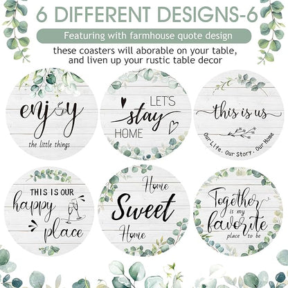 Queekay Coasters Set of 6 House Warming Gifts New Home Wooden Farmhouse Drink Coasters with Holder 4'' Funny Decoration for Kitchen Family Coffee Bar Tabletop Protection(Eucalyptus Leaf Color)