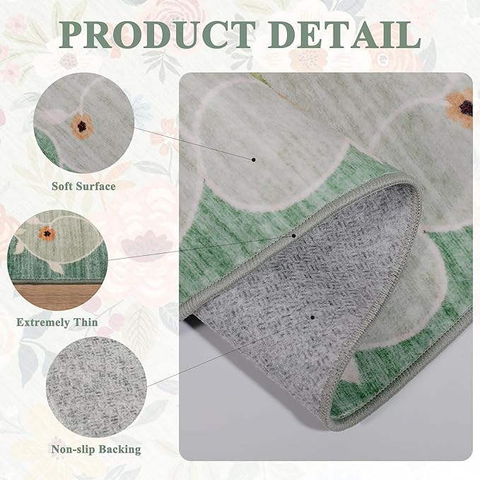 DUKINO Floral Round Rug, 4ft Washable Round Area Rug, Non Slip Indoor Low Pile Circle Rug, Soft Small Boho Design Circle Rug for Bedroom, Entryway, Living Room, Dining Room, Green
