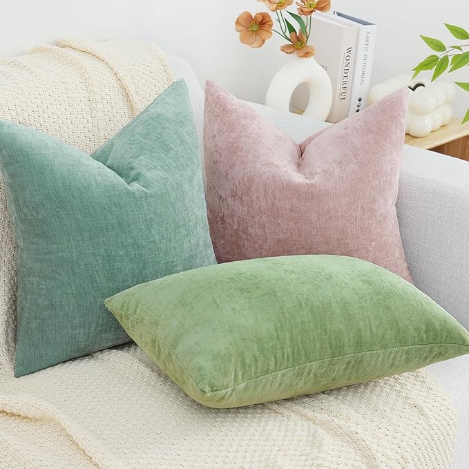 decorUhome Chenille Blush Pink Spring Throw Pillow Covers 24x24 Inch Set of 2, Decorative Soft Couch Pillow Covers Solid Dyed Accent Farmhouse Neutral Square Pillow Cases for Sofa