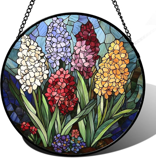 DASTOLL Stained Glass Window Hanging, Colorful Hyacinth Flowers Suncatcher for Doors Window Home Plant Sun Catchers Decoration Mother's Day Birthday Gifts for Women, Men, and Mom 11.8x11.8 in