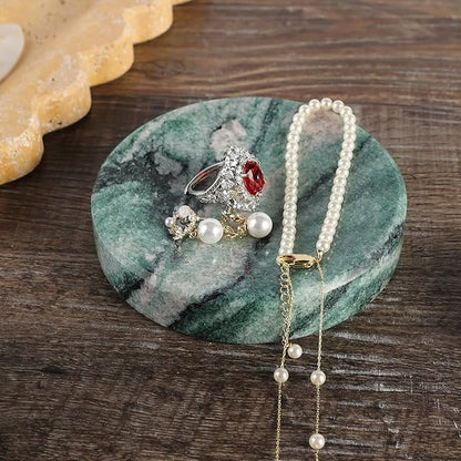 Koville Luxury Stone Jewelry Dish, Small Round Trinket Tray for Ring Necklace Earring, 4" Decorative Dish, Aesthetic Home Table Decor, Natural Stone Soap Dish for Bathroom Kitchen((Green)