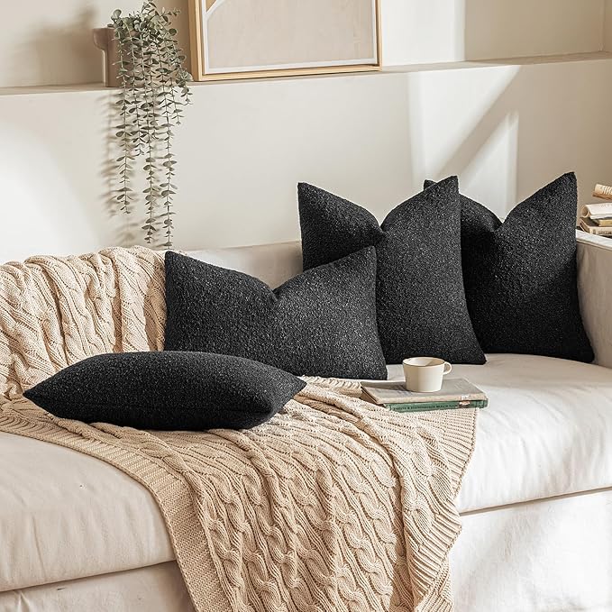 MIULEE 20x20 Inch Decorative Pillow Covers for Couch Bed Set of 2 Textured Boucle Neutral Winter Throw Pillows Halloween Black Accent Solid Cushion Pillowcases Sofa Livingroom Home Decor