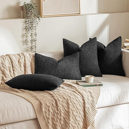 MIULEE 20x20 Inch Decorative Pillow Covers for Couch Bed Set of 2 Textured Boucle Neutral Winter Throw Pillows Halloween Black Accent Solid Cushion Pillowcases Sofa Livingroom Home Decor