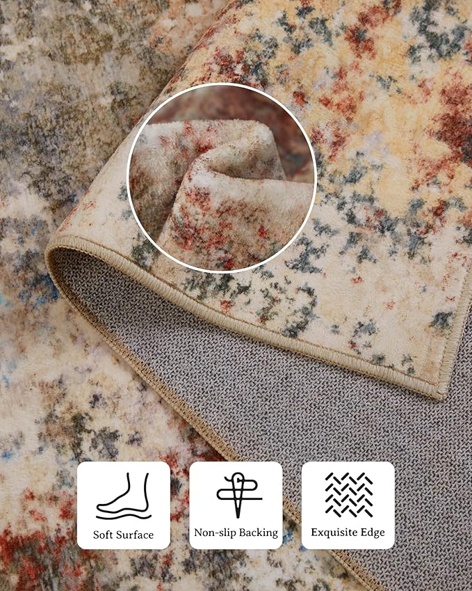Washable Area Rug for Living Room: 10X14 Modern Abstract Neutral Soft Rug for Bedroom Dining Room No Slip Low Pile Carpet for Nursery Home Office - Red/Ivory