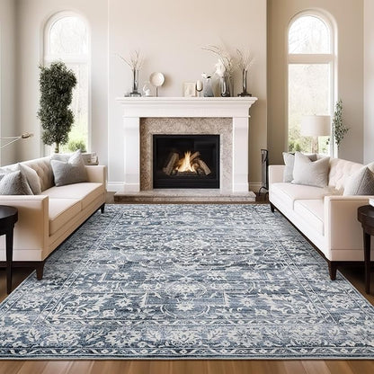 8x10 Area Rugs for Living Room, Stain Resistant Washable Rugs for Dining Room, Kitchen, Floral Vintage Non-Slip Thin Large Area Rug(Blue, 8'x10')