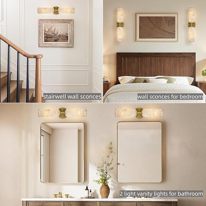 20in Alabaster Wall Sconces Set of Two, Modern Spanish Natural Marble Bathroom Vanity Sconces, Brass Alabaster Sconce Wall Lighting, Gold Wall Light Fixtures Decor for Bedroom Living Room Staircases