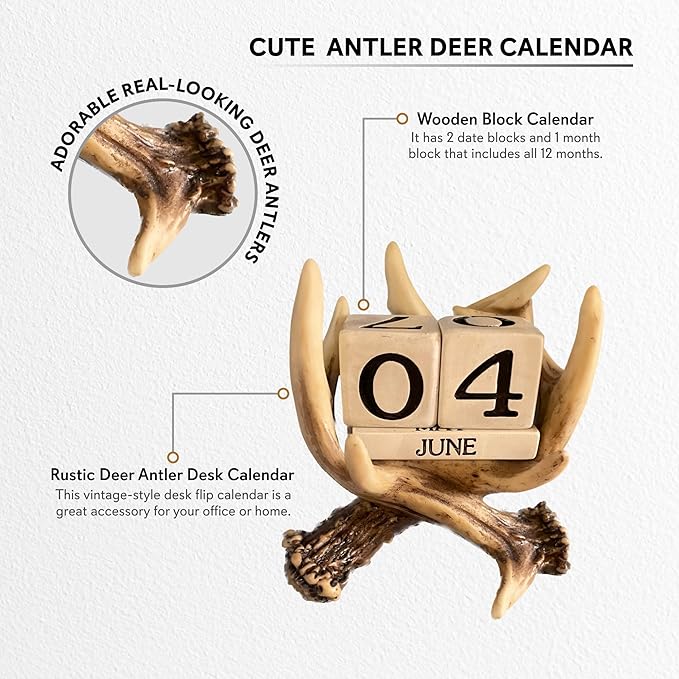 Pine Ridge Deer Antler Desk Calendar Blocks - Perpetual Calendar, Flip Month And Day Date Blocks, Rustic Calendars For Home, Office, Classroom And Décor