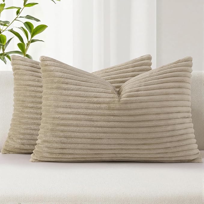 Simmore Decorative Spring Throw Pillow Covers 12x20 Set of 2, Soft Natural Plush Flannel Double-Sided Fluffy Lumbar Pillow Covers for Couch Sofa Living Room, Khaki