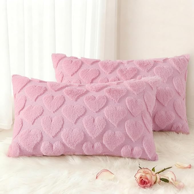decorUhome Valentine’s Day Soft Plush Throw Pillow Covers 12x20 Inch Set of 2, Faux Fur Pink Heart Decoration Neutral Lumbar Pillow Covers for Couch Sofa Bed Cozy Farmhouse Holiday Decor