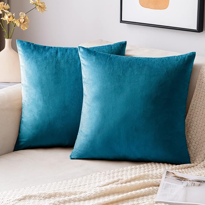 EMEMA Pack of 2 Velvet Throw Pillow Covers Decorative Square Pillowcase Soft Solid Cushion Case for Sofa Bedroom Chair Car 18x18 Inch Teal