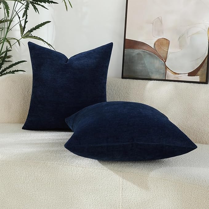 Dark Blue Chenille Decorative Couch Throw Pillow Covers, Soft Cushion Cases for Home Livingroom Sofa Décor, Pack of 2, 14 x 14 Inches