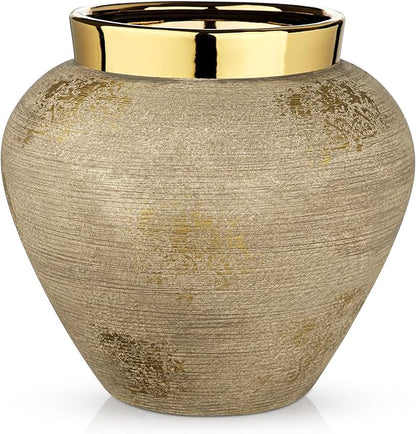 Rustic Ceramic Vase with Gold Rim – 9" Decorative Flower Vases for Living Room, Dining Table Centerpiece & Shelf Décor – Modern Farmhouse, Boho & Contemporary Home Accents