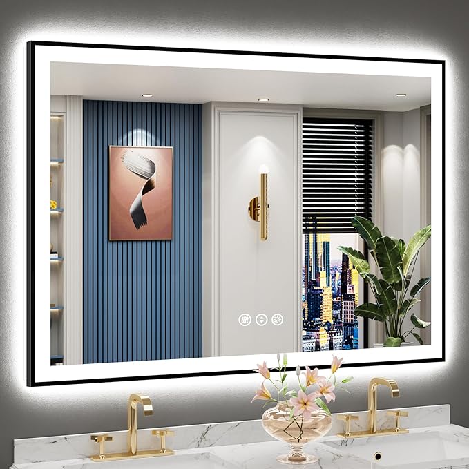 50x36 Inch Black Framed LED Bathroom Mirror with Lights, Backlit & Front Lit, Anti-Fog Lighted Vanity Mirrors for Bathroom Wall, Dimmable, 3-Color Light, Memory, Shatter-Proof, Tempered Glass