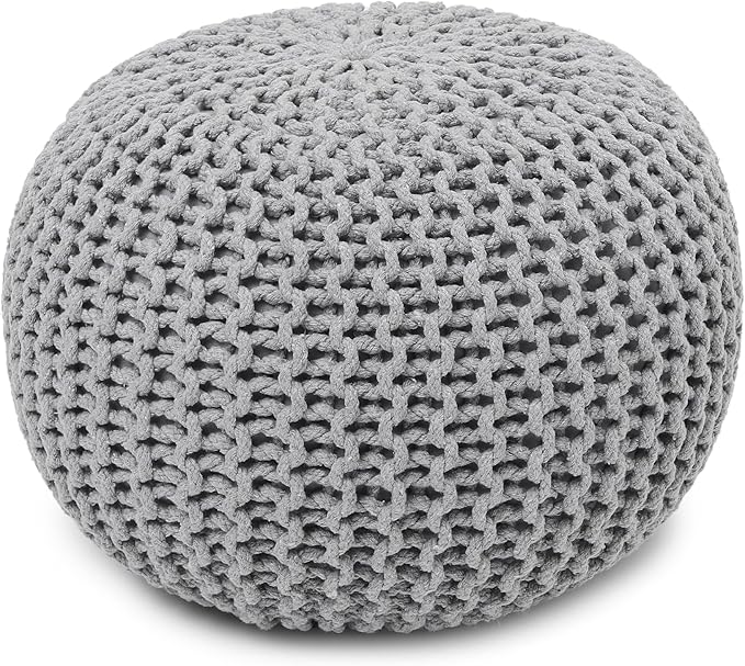 REDEARTH · Round Pouf Ottoman - Hand Knitted Cable Boho Poof Home Décor Pouffe Circular Footrest for Living Room - Nursery - Bedroom - Lounge 100% Cotton (18”x18”x14”) - Gray, Set of 2
