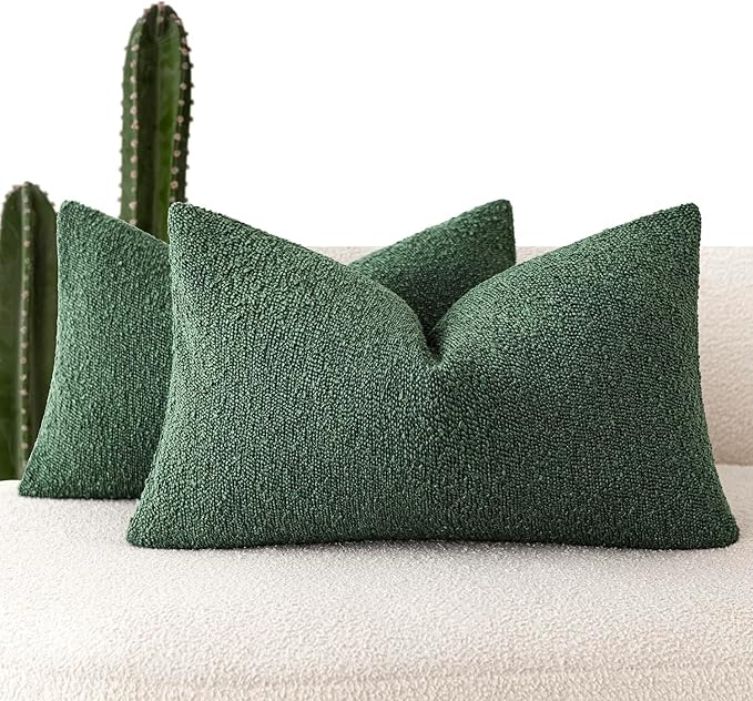 Foindtower Pack of 2 Textured Boucle Throw Pillow Covers Accent Solid Decorative Lumbar Pillow Cases Soft Couch Cushion Case for Chair Sofa Bedroom Living Room Home Decor 12x20 Inch Pine Green