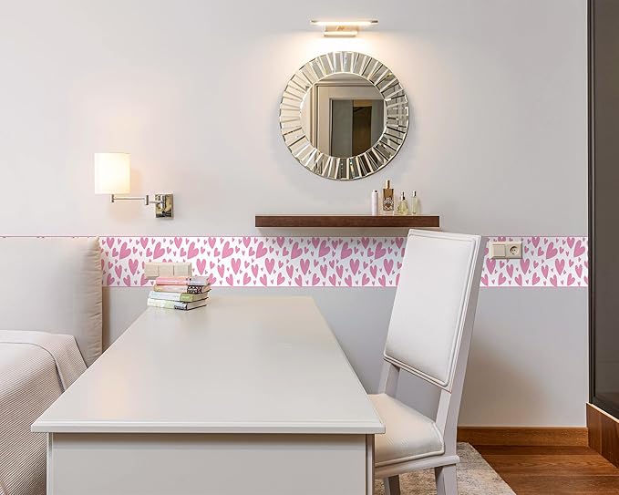 FLFK Pink Heart Wallpaper Border - Peel and Stick Wall Paper, Self Adhesive Removable PVC Borders Sticker, Modern Waterproof Trim for Home Decor, 9" x 240"