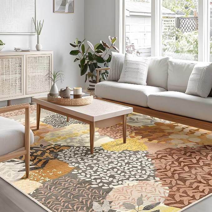 DEXDE Area Rugs for Living Room 4x6.5, Washable Non Slip Boho Rugs Throw Carpet for Bedroom Bedside Dorm Dining Room Indoor Soft Floral Home Decor, Camel