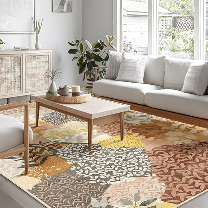 DEXDE Area Rugs for Living Room 4x6.5, Washable Non Slip Boho Rugs Throw Carpet for Bedroom Bedside Dorm Dining Room Indoor Soft Floral Home Decor, Camel