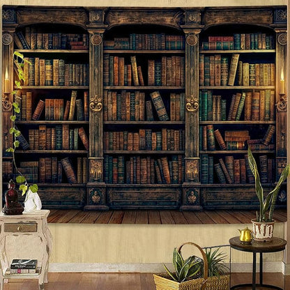 YEXIT Retro Bookshelf Wall Tapestry, Vintage Books Study Library Tapestries for College Dorm Bedroom Magic Caslte Backdrop 44×60 inch