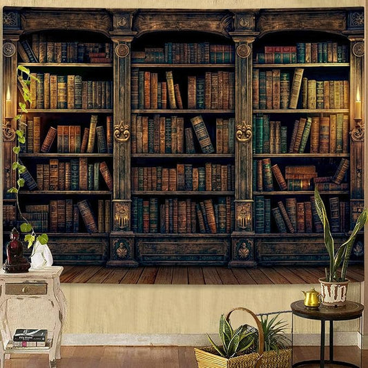 YEXIT Retro Bookshelf Wall Tapestry, Vintage Books Study Library Tapestries for College Dorm Bedroom Magic Caslte Backdrop 44×60 inch