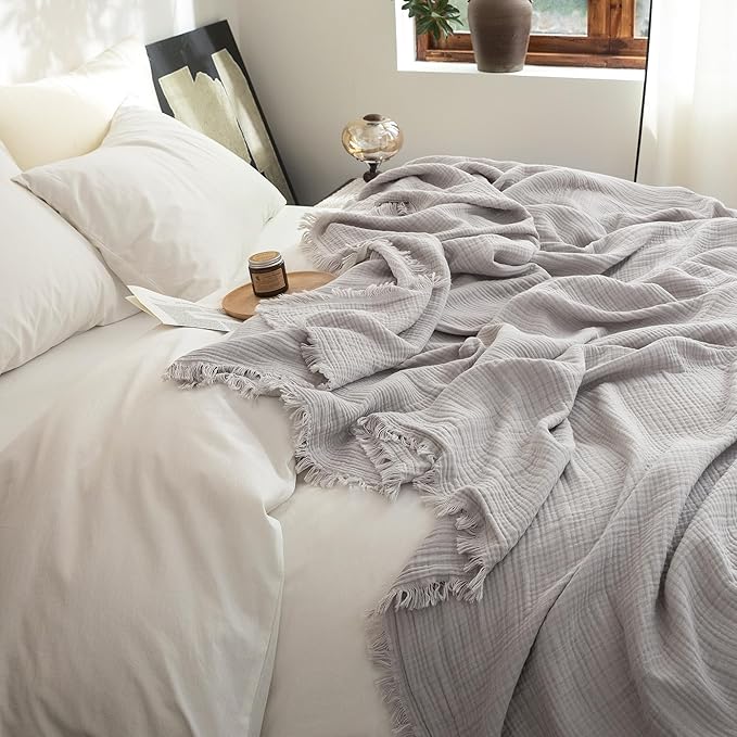 FOSSA Muslin Blanket with Fringe - 4-Layer 100% Cotton Gauze Super Soft & Breathable Throw -Lightweight Decorative Cooling Blanket for Bed, Sofa, Office (Grayish, King (104" × 90"))