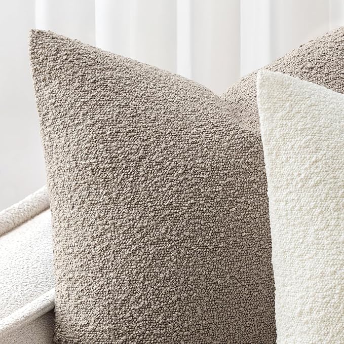 Woaboy Pack of 2 20x20 Inch Decorative Boucle Throw Pillow Covers Textured Square Pillowcaes Accent Solid Cozy Soft Cushion Covers Home Decor for Sofa Couch Living Room Home Decor,Light Taupe