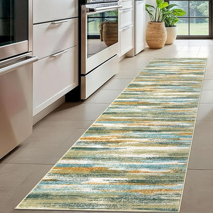 Modern Abstract Hallway Runner Rug, Green Mustard Multi Washable Kitchen Runner Non-Slip Soft 2x8 Runner Rug Thin Print Faux Wool Carpet for Entryway Bedroom Laundry Room Indoor Home Decor