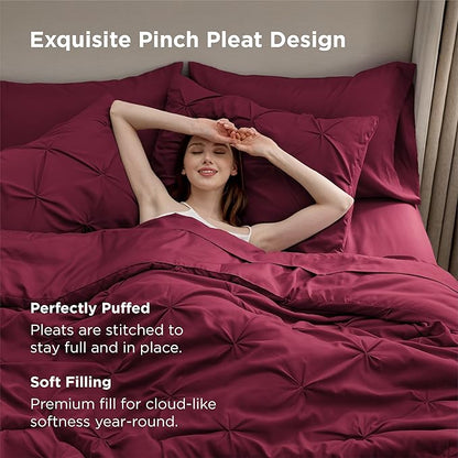 Bedsure Full Comforter Set Dark Red - Bed in a Bag Full Size Bedding Set 7 Pieces, GentleSoft™ Pintuck Bed Set Gift for Family, Pinch Pleat All Season Comforter with Sheets, Pillowcases & Shams